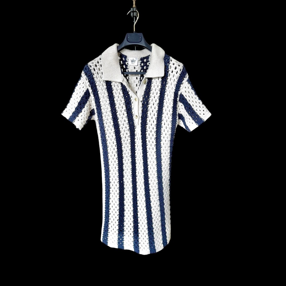 KA Striped Crochet Knit Polo Beach Coverup Dress Cream Short Sleeve Mini